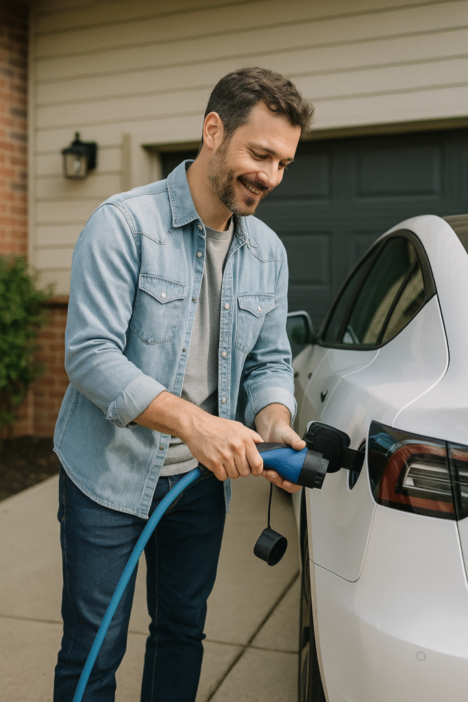 Picture of a guy plugging in his ev at home